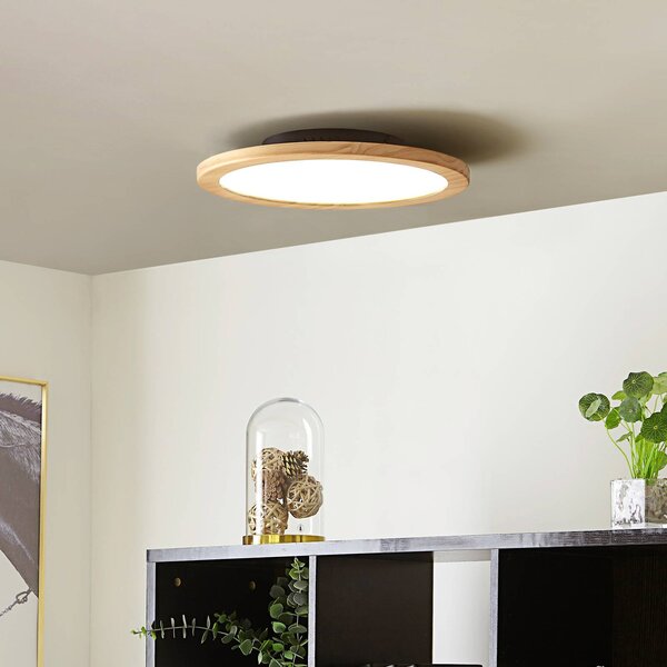 Lucande Stropní svítidlo LED Joren, Ø 38 cm, dřevo, dálkové ovládání, stmívatelný, Světlé dřevo, Obývací pokoj / jídelna, Dřevo, Venkovský / rustikální