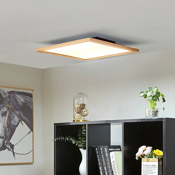 Lucande Stropní svítidlo LED Joren, 52 cm, dřevo, dálkové ovládání, stmívatelný, Světlé dřevo, Obývací pokoj / jídelna, Dřevo, Venkovský / rustikální