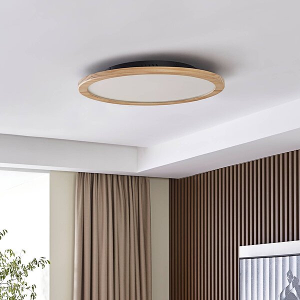 Lucande Stropní svítidlo LED Joren, Ø 48 cm, dřevo, dálkové ovládání, stmívatelný, Světlé dřevo, Obývací pokoj / jídelna, Dřevo, Venkovský / rustikální