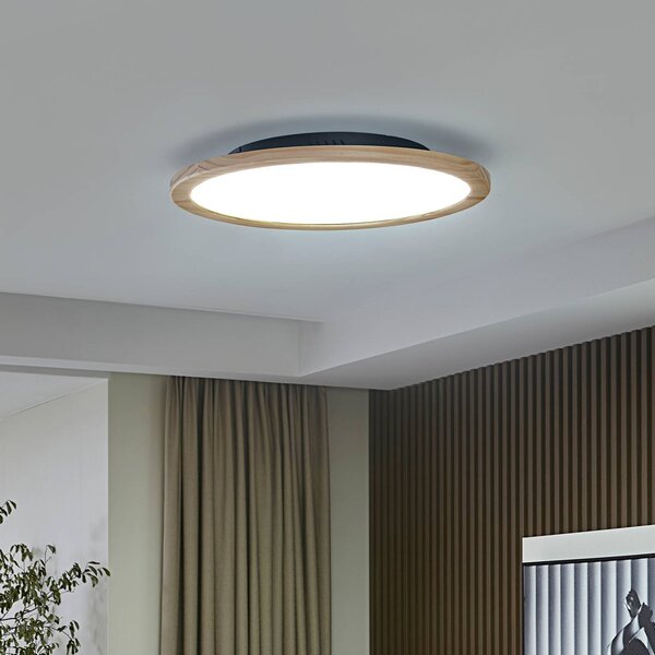 Lucande Stropní svítidlo LED Joren, Ø 48 cm, dřevo, dálkové ovládání, stmívatelný, Světlé dřevo, Obývací pokoj / jídelna, Dřevo, Venkovský / rustikální