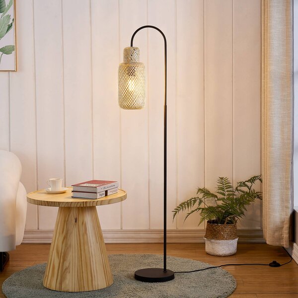 Lindby Stojací lampa Venora, výška 145 cm, bambus, E27, Černá, Obývací pokoj / jídelna, kov