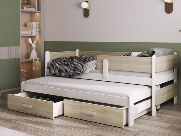 Rozkládací postel Solano s úložným prostorem 90x200 cm (Š 103 cm, D 210 cm, V 78 cm), Přírodní borovice, Bílé PVC, bez matrací, bez zábranky