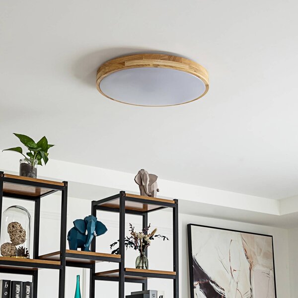 Lindby Smart LED stropní svítidlo Innes wood Ø51cm RGB Tuya, stmívatelný, Světlé dřevo, Obývací pokoj / jídelna, Dřevo, Moderní