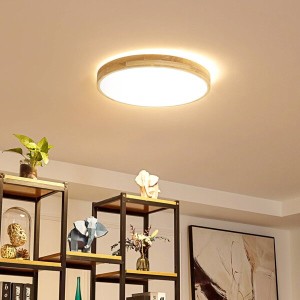 Lindby Smart LED stropní svítidlo Innes wood Ø51cm RGB Tuya, stmívatelný, Světlé dřevo, Obývací pokoj / jídelna, Dřevo, Moderní