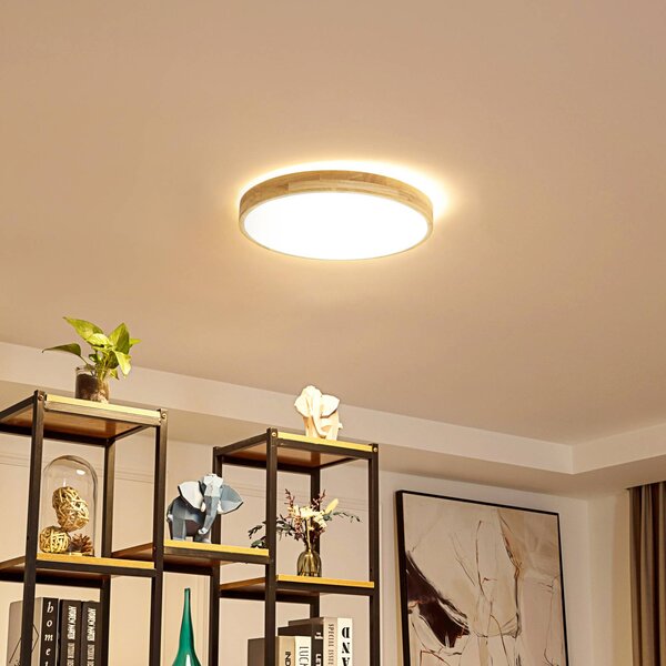 Lindby Smart LED stropní svítidlo Innes wood Ø39cm RGB Tuya, stmívatelný, Světlé dřevo, Obývací pokoj / jídelna, Dřevo, Moderní