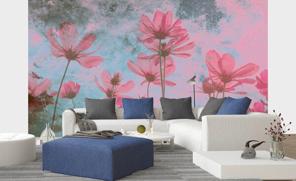 DIMEX | Vliesová fototapeta Abstrakt růžové květy MS-5-0362 | 375 x 250 cm| růžová, modrá, vícebarevná