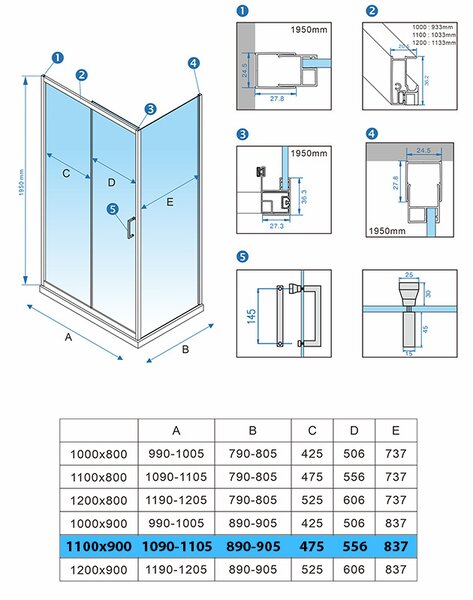 BPS-koupelny Obdélníkový sprchový kout HYD-OK104B 110x90 zlatý kartáčovaný/transparent - bez vaničky