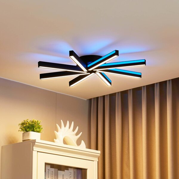 Lucande Smart LED stropní svítidlo Tjado, Ø70 cm, černé, RGBW, stmívatelný, Černá, Obývací pokoj / jídelna, kov, Moderní