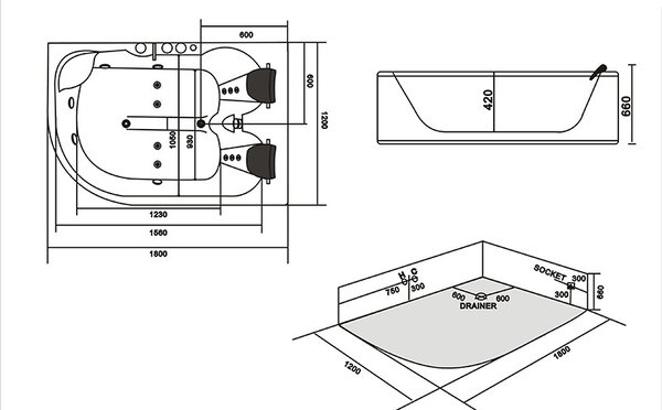 BPS-koupelny Hydromasážní vana HYD-CA631L 180x120 LEVÁ bez ohřevu vody