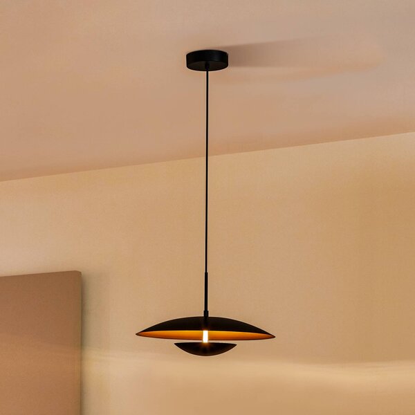 Lindby LED závěsné svítidlo Tiama, kov, černá/zlatá, Ø 40 cm, Černá, Obývací pokoj / jídelna, kov, Moderní