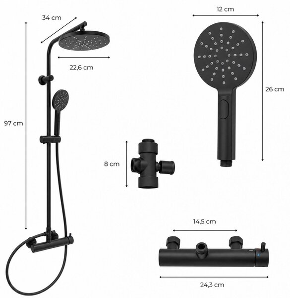Erga Dubaj, sprchový set s baterií a hlavovou sprchou 23 cm, černá matná, ERG-YKA-BP.DUBAJ23-BLK