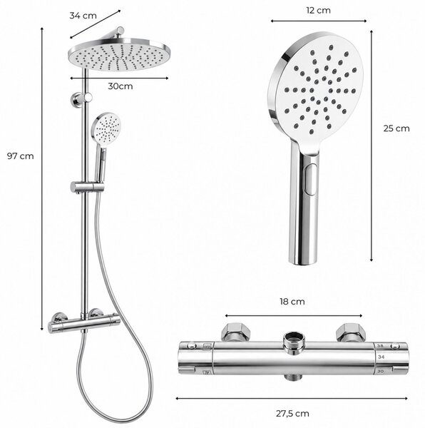 Erga Dubaj, sprchový set s termostatickou baterií a hlavovou sprchou 30 cm, chromová, ERG-YKA-BP.DUBAJ-THERM-30-CHR