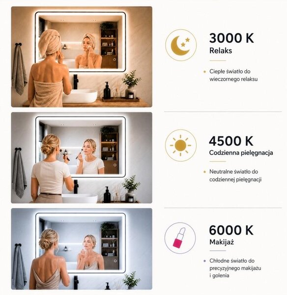 Erga Sari, LED zrcadlo v černém rámu s vyhříváním a dotykovým ovládáním, 80 × 60 cm, černá matná, ERG-YKA-MR.SARI-BLK-60X80