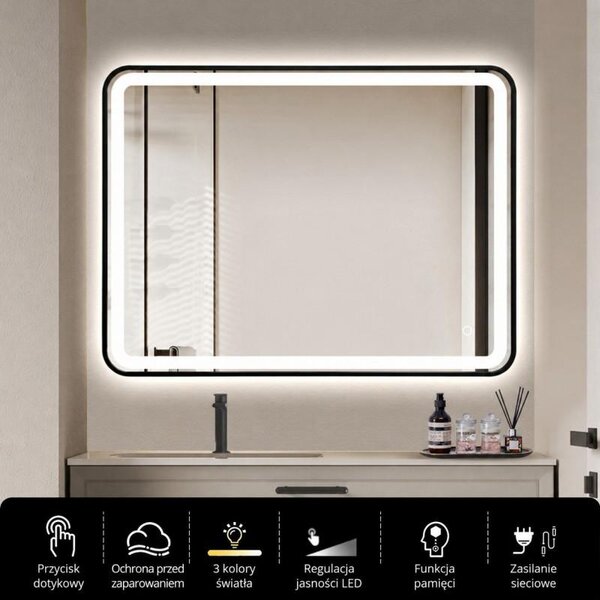 Erga Sari, LED zrcadlo v černém rámu s vyhříváním a dotykovým ovládáním, 80 × 60 cm, černá matná, ERG-YKA-MR.SARI-BLK-60X80
