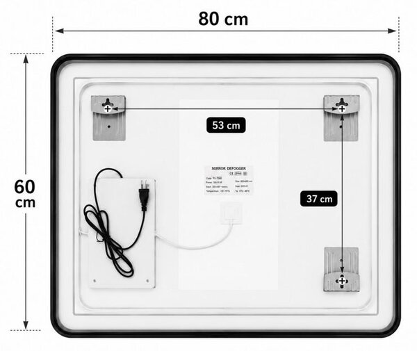 Erga Sari, LED zrcadlo v černém rámu s vyhříváním a dotykovým ovládáním, 80 × 60 cm, černá matná, ERG-YKA-MR.SARI-BLK-60X80