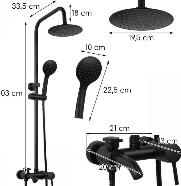 Erga Mutabi, sprchový set s baterií, hlavovou sprchou 20×20 cm a výtokem, černá matná, ERG-YKA-BP.MUTABI-20-BLK