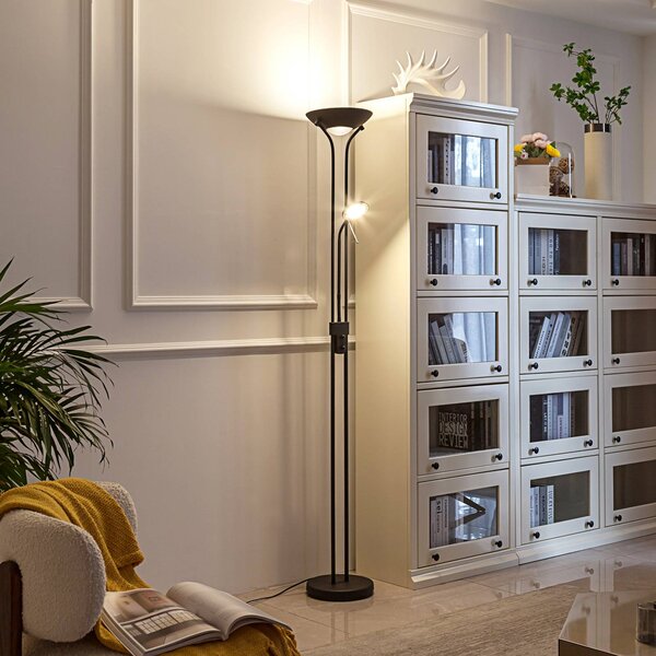 Lindby LED stojací lampa Josefin, černá, světlo na čtení, stmívatelné, stmívatelný, Černá, Obývací pokoj / jídelna, kov, Moderní, Lampička na čtení