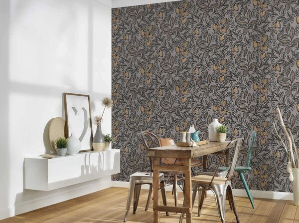 A.S. Création | Vliesová tapeta na zeď AP Floral Impression 37754-9 | 0,53 x 10,05 m | černá, oranžová, šedá