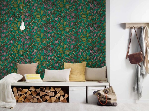 A.S. Création | Vliesová tapeta na zeď AP Floral Impression 37754-7 | 0,53 x 10,05 m | zelená, červená, fialová, černá