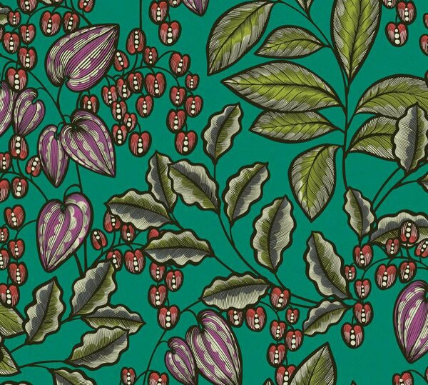 A.S. Création | Vliesová tapeta na zeď AP Floral Impression 37754-7 | 0,53 x 10,05 m | zelená, červená, fialová, černá
