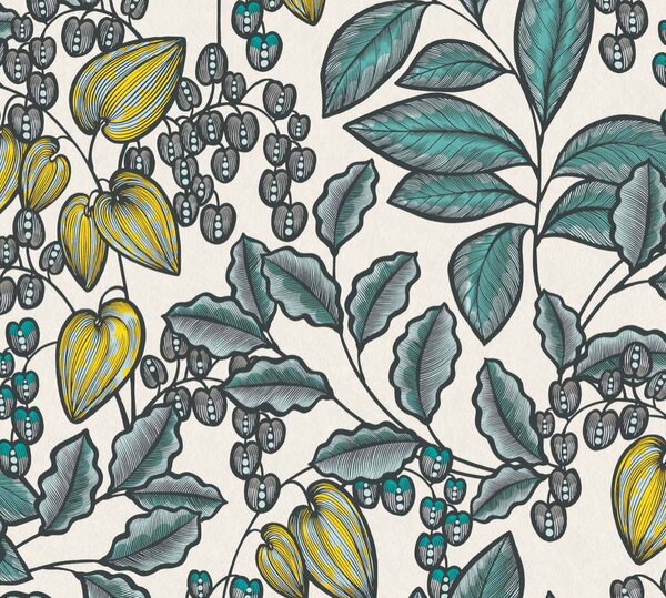 A.S. Création | Vliesová tapeta na zeď AP Floral Impression 37755-1 | 0,53 x 10,05 m | zelená, modrá, bílá, černá, žlutá