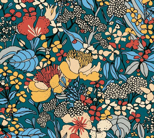 A.S. Création | Vliesová tapeta na zeď AP Floral Impression 37756-4 | 0,53 x 10,05 m | zelená, vícebarevná, modrá, černá