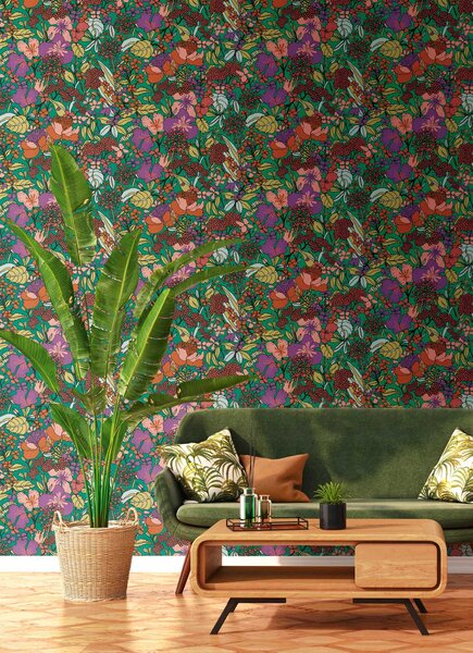 A.S. Création | Vliesová tapeta na zeď AP Floral Impression 37756-1 | 0,53 x 10,05 m | zelená, vícebarevná, červená, černá