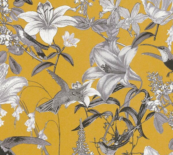 A.S. Création | Vliesová tapeta na zeď AP Jungle Chic 37701-3 | 0,53 x 10,05 m | bílá, černá, žlutá, šedá