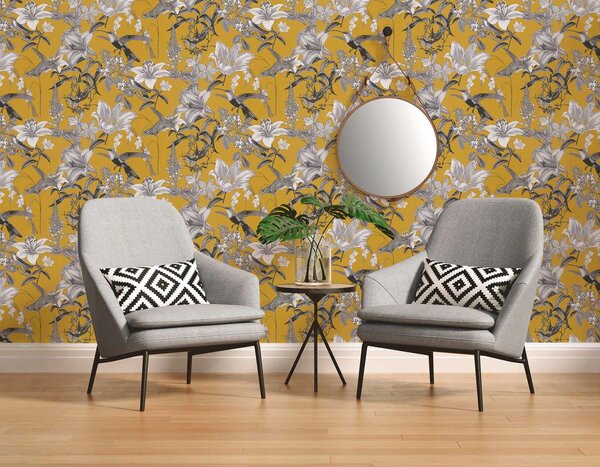 A.S. Création | Vliesová tapeta na zeď AP Jungle Chic 37701-3 | 0,53 x 10,05 m | bílá, černá, žlutá, šedá