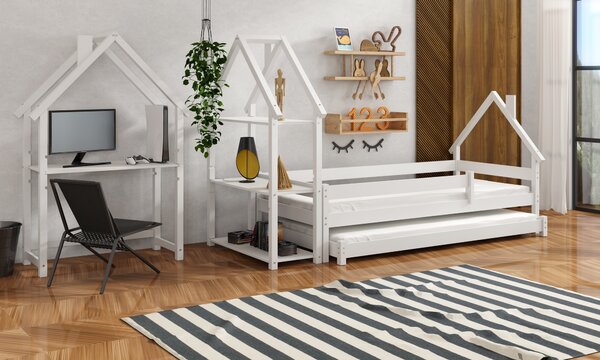 Dětská domečková postel z masivu borovice LUCKY HOUSE s přistýlkou - 200x90 cm - bílá