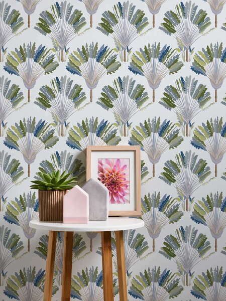 A.S. Création | Vliesová tapeta na zeď AP Jungle Chic 37708-1 | 0,53 x 10,05 m | zelená, modrá, bílá, šedá