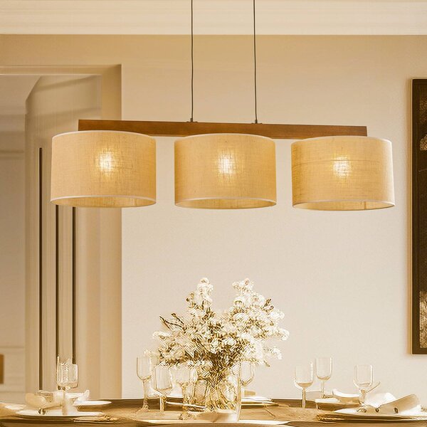 TK Lighting Závěsné světlo Juta, tříramenné, tyč, stmívatelný, Světlé dřevo, Obývací pokoj / jídelna, Textil / tkanina / hedvábí