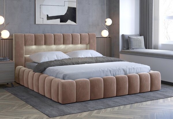 Manželská postel 180 cm Luxa (světlohnědá) (s roštem, úl. prostorem a LED)