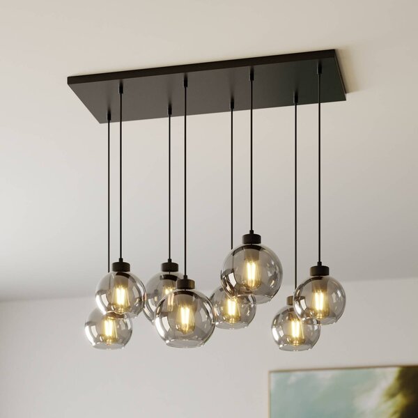 TK Lighting Závěsné světlo Cubus, délka 95 cm, 8 žárovek, kouřově šedé, sklo, stmívatelný, Černá, Obývací pokoj / jídelna, Sklo, Moderní
