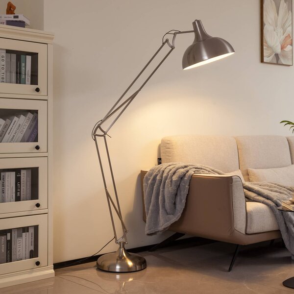 Lindby Stojací lampa Leia, stříbrná, kov, 180 cm, otočná, E27, Chrom / stříbro, Obývací pokoj / jídelna, kov, Moderní