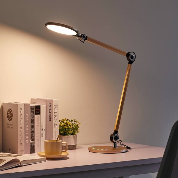 Lindby Stolní LED lampa Nyxaris, zlatá, kov, 50 cm, stmívatelný, Mosaz / zlato, Pracovna / kancelář, Plast, Moderní