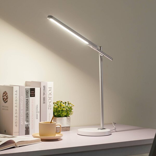 Lindby Stolní lampa LED Valtorin, bílá, stmívatelný, Bílá / opál, Pracovna / kancelář, Plast, Moderní