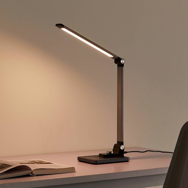 Lindby Stolní lampa LED Valtaris, šedá, hliník, stmívatelná, stmívatelný, Hliník / šedá / zinek, Pracovna / kancelář, Plast, Moderní
