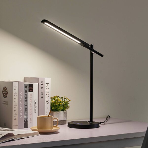 Lindby Stolní LED lampa Valtorin, černá, stmívatelný, Černá, Pracovna / kancelář, Plast, Moderní