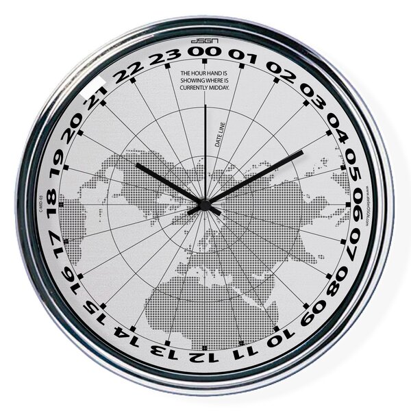 Světle šedé hodiny s chodem 24h ukazující na mapě, kde je právě poledne (32 cm)| atelierDSGN