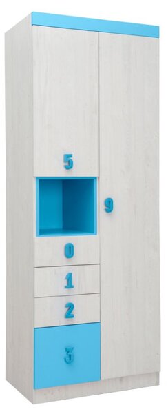 Dětská skříň NUMERO O2V4F - dub bílý/modrá