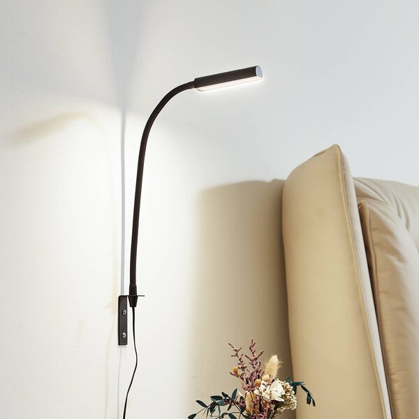 Lindby LED lampa na čtení Flexola, černá, hranatá, se zástrčkou, stmívatelný, Černá, Ložnice, kov