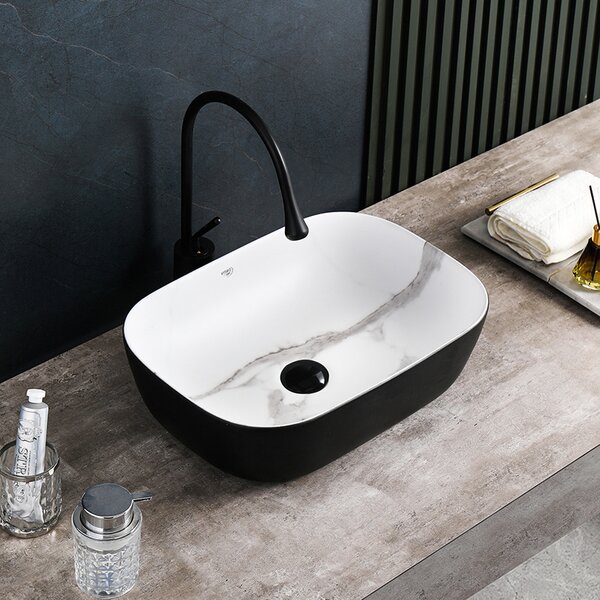 BPS-koupelny Keramické umyvadlo na desku HYD-NO-MTB-MAR1-605 60,5x42,5 cm, dekor mramoru/černá matná