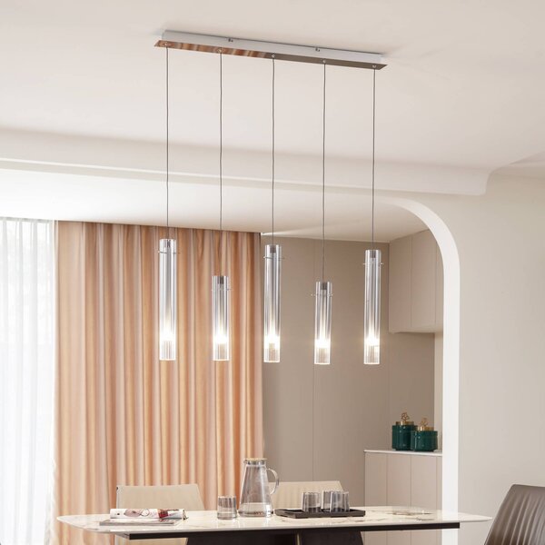 Lucande Stropní svítidlo LED Korvitha, 5 světel, šedé, sklo, stmívatelný, Hliník / šedá / zinek, Obývací pokoj / jídelna, Sklo, Moderní