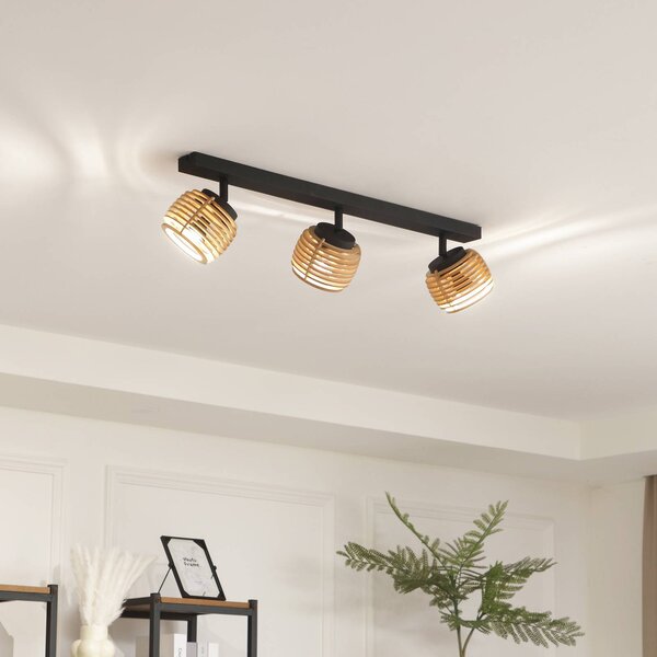 Lindby Stropní svítidlo Ediz, 3 světla, GU10, dřevo, délka 73 cm, stmívatelný, Černá, Chodba, kov, Moderní