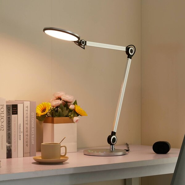 Lindby Stolní LED lampa Nyxaris, stříbrná, kov, 50 cm, stmívatelný, Hliník / šedá / zinek, Pracovna / kancelář, Plast, Moderní