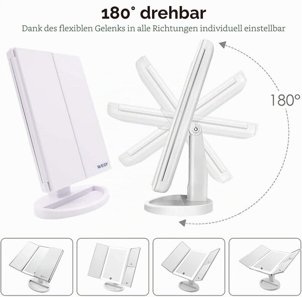 Kosmetické zrcadlo WEILY s LED osvětlením a dotykovým displejem, s funkcí zvětšení 1x/2x/3x