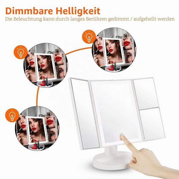 Kosmetické zrcadlo WEILY s LED osvětlením a dotykovým displejem, s funkcí zvětšení 1x/2x/3x