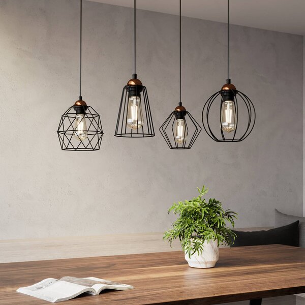 TK Lighting Závěsné světlo Galaxy se čtyřmi klecovými stínidly na lampu, stmívatelný, Černá, Obývací pokoj / jídelna, kov, Moderní