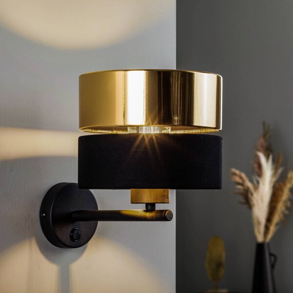 TK Lighting Nástěnné světlo Hilton, černá/zlatá, Černá, Obývací pokoj / jídelna, kov, Moderní